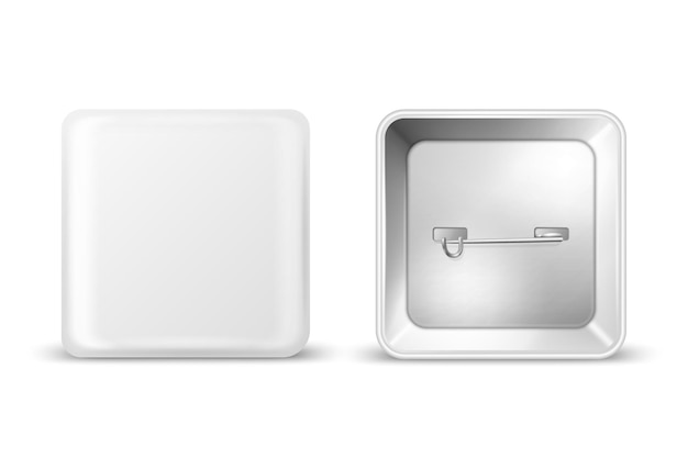 Vector 3d Realismo cuadrado blanco metal plástico en blanco botón vacío insignia icono botón aislado pin insignia broche brillante pin vista delantera frente y atrás plantilla lateral para maquillaje de marca