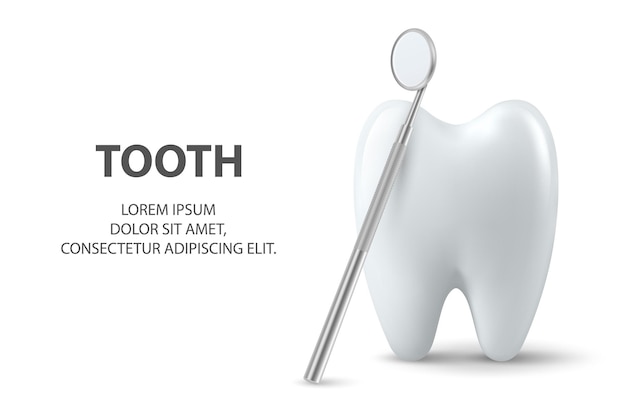 Vector 3d Realismo de dientes y espejos dentales de primer plano aislados en fondo blanco Dentista médico Banner Diseño de plantilla Clipart Mockup Odontología Concept de higiene de atención médica