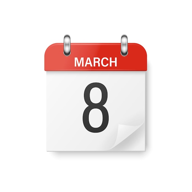 Vector 3d Realista 8 Día de marzo Papel Clásico Simple Minimalista Calendario rojo Día internacional de la mujer Plantilla de diseño de esquina de papel doblado para mujer Tarjeta de vacaciones Banner Fondo de calendario de pared