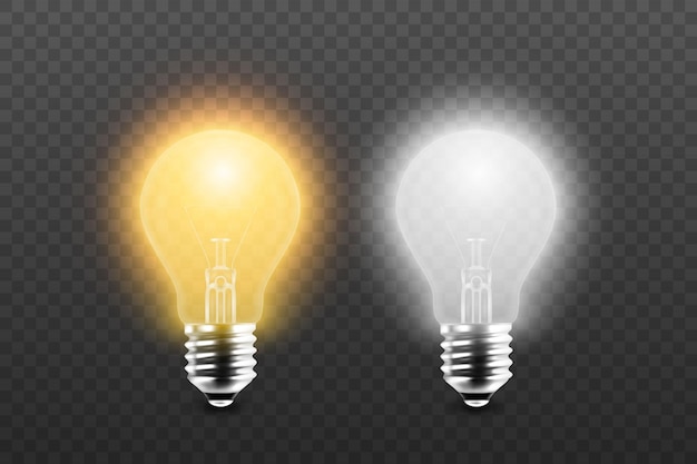 Vector 3d realista amarillo y blanco brillante apagado conjunto de iconos de bombilla de luz eléctrica aislado sobre fondo transparente plantilla de diseño concepto de idea de inspiración vista frontal