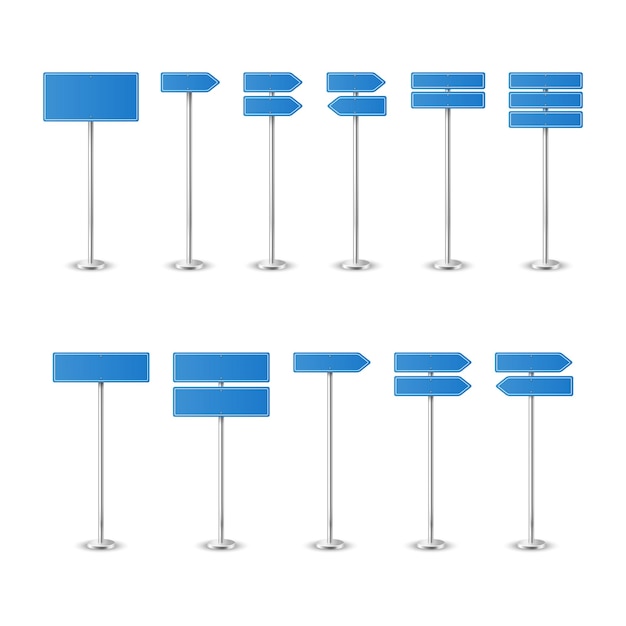 Vector 3d Realista Blanco Azul Señal de advertencia de carretera Icono de señal de dirección Configurado de primer plano Peligro aislado Advertencia en blanco Señales vacías Colección de señales de tráfico Plantilla de vista delantera