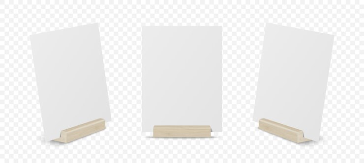 Vector vector 3d realista blanco en blanco a4 hoja de papel vertical tarjeta en soporte de madera icon set closeup plantilla de diseño aislado para modelo de menú marco folletos acrílico tarjeta de tienda de campaña vista frontal