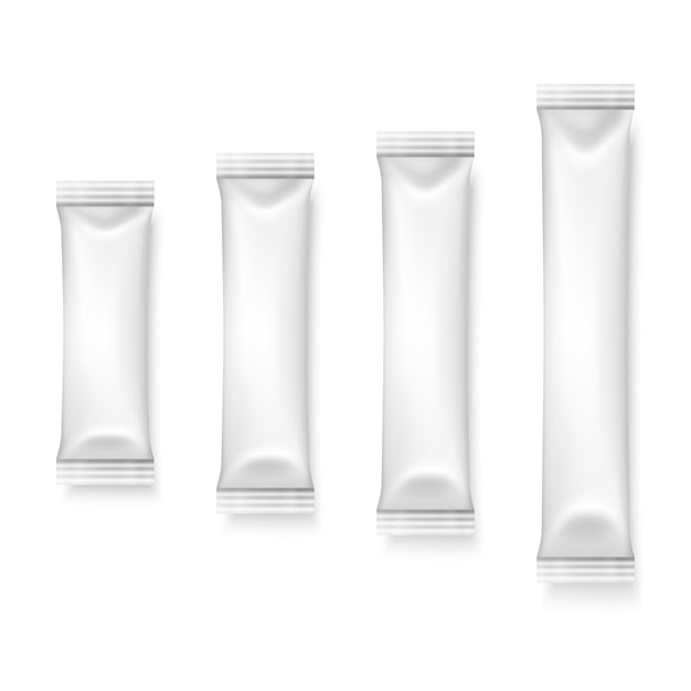 Vector 3d Realista Blanco En blanco Paquete de iconos Conjunto Primer plano Aislado sobre fondo blanco Café Té Sal Azúcar Especias Envoltura Sachet Plantilla de diseño de embalaje para la vista superior de la maqueta