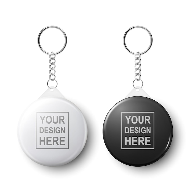 Vector 3d realista en blanco y negro redondo llavero con anillo y cadena para llave aislado en blanco insignia de botón con anillo plástico metal ID insignia con cadenas plantilla de diseño de soporte de llave Mockup