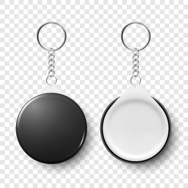 Vector 3d realista en blanco negro redondo llavero con anillo y cadena para llave aislado en blanco insignia de botón con anillo plástico metal ID insignia con cadenas plantilla de diseño de soporte de llave Mockup