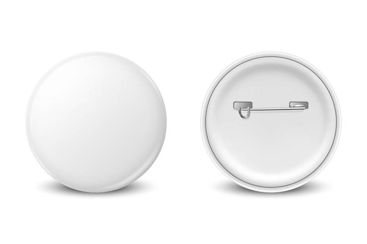 Vector vector 3d realista blanco redondo metálico plástico blanco botón icon de insignia de primer plano aislado delantero trasero vista lateral botón pin insignia broche brillante pin vista delantera plantilla para maqueta de marca