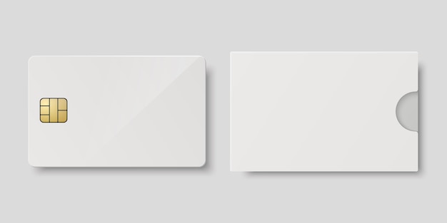 Vector 3d Realista Blanco Tarjeta de crédito en blanco Papel Monedero Sobre Embalaje Cower Aislado Plástico Tarjeta de débito de crédito Plantilla de diseño para Mockup Branding Tarjeta de crédito Concepto de pago Vista frontal