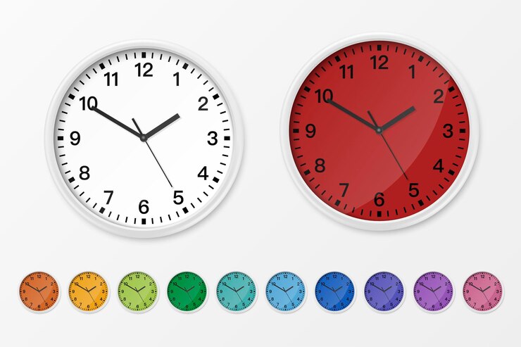 Vector vector 3d realista brillante clásico pared simple reloj de oficina conjunto de iconos aislado sobre fondo blanco diferentes colores plantilla de diseño para maqueta marca publicidad diseño de interiores vista frontal
