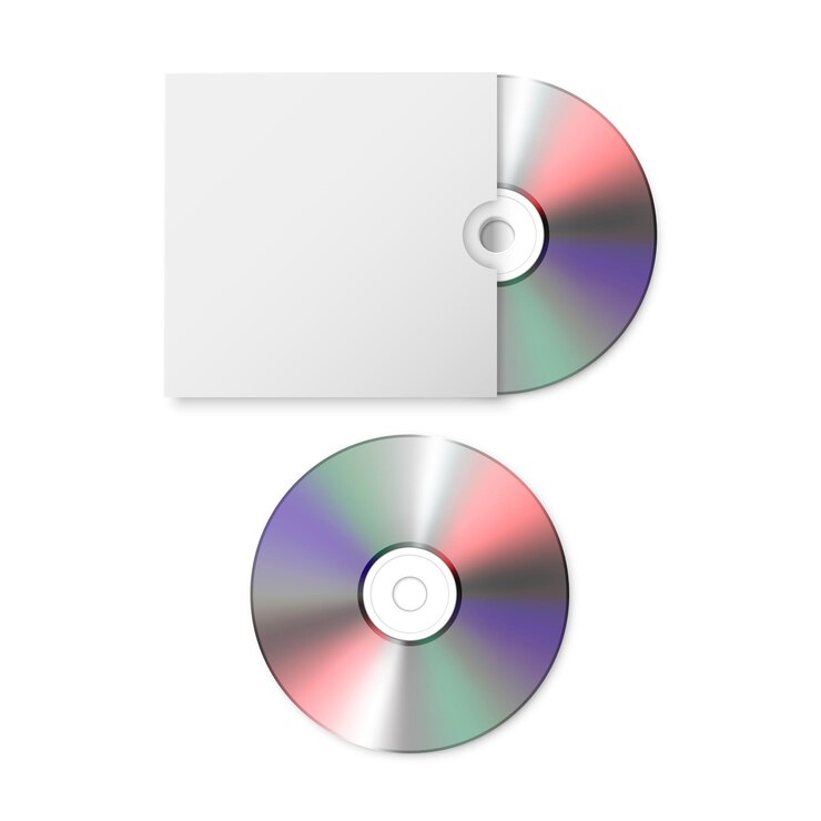 Vector vector 3d realista cd dvd en blanco con cubierta de papel caja caja conjunto primer plano aislado sobre fondo blanco plantilla de diseño para mockup cd empaquetado copia espacio vista superior