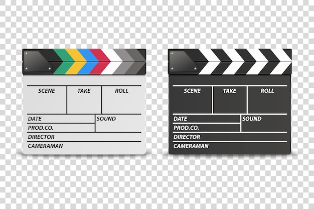 Vector 3d Realista Cerrado Blanco y Negro Película Película Clap Board Conjunto de iconos Primer plano aislado sobre fondo transparente Plantilla de diseño de claqueta Slapstick Filmmaking Device Vista frontal