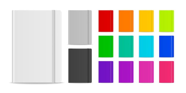 Vector 3d Realista Cuaderno de papel en blanco cerrado con banda elástica Conjunto aislado sobre fondo blanco Plantilla de diseño de Copybook Mockup Publicidad Logo Impresión Vista frontal