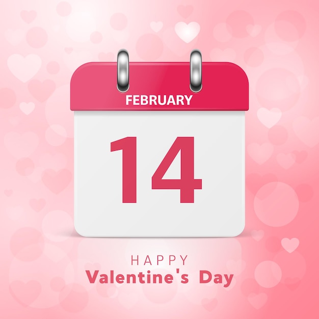 Vector vector 3d realista día de san valentín papel rosa calendario 14 de febrero día de san valentín pareja amor concepto hermosa tarjeta de san valentín banner calendario de pared fondo