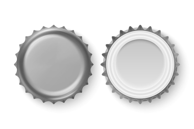 Vector 3d realista metal plata gris cerveza en blanco tapa de botella conjunto de iconos primer plano aislado sobre fondo blanco plantilla de diseño para maqueta paquete publicidad vista superior e inferior