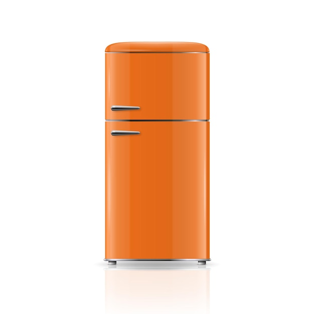 Vector 3d Realista Naranja Retro Vintage Nevera Icono Aislado en Blanco Vertical Refrigerador Cerrado Frigorífico Plantilla de Diseño Mockup de Frigorífico Vista Frontal