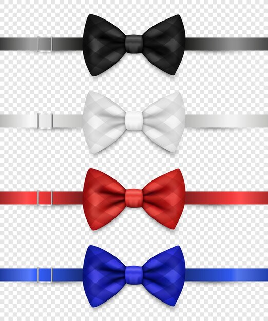 Vector 3d realista negro blanco rojo azul a cuadros pajarita con cierre conjunto aislado seda brillante pajarita corbata caballero maqueta diseño plantilla pajarita para hombre moda para hombre día del padre vacaciones