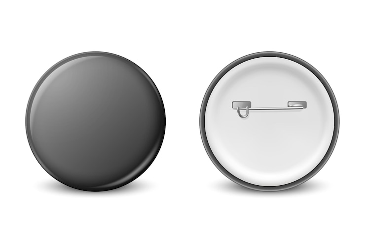 Vector vector 3d realista negro redondo metálico plástico blanco botón icon de insignia de primer plano aislado delantero trasero vista lateral botón pin insignia broche brillante pin vista delantera plantilla para maqueta de marca