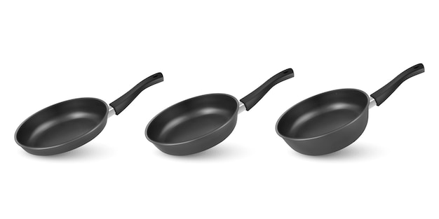 Vector 3d Realista Negro Vacío Sartén Icono Conjunto Aislado sobre Fondo Blanco Diseño Plantilla Mockup