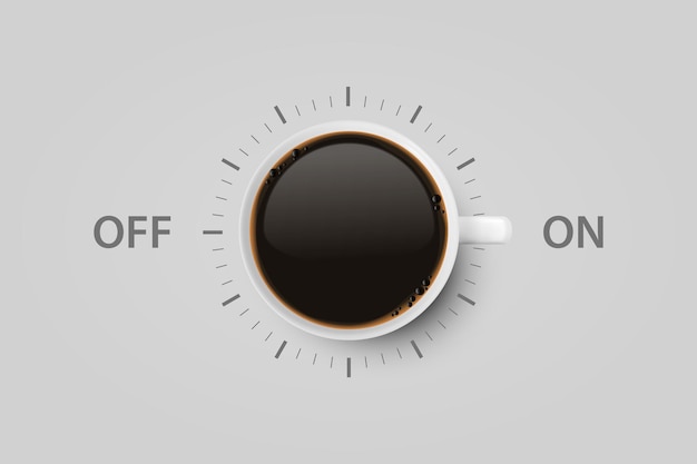Vector 3d Realista Off On Switch con café en taza de café de porcelana de cerámica blanca en Whitek Coffee Cup Icon Concept Banner creativo con plantilla de diseño de taza de café Vista superior