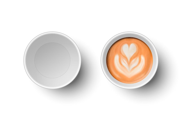 Vector 3d Realista Papel Blanco Desechable Vacío y con Leche Café Espuma Flor Corazón Patrón Taza Conjunto Aislado Latte Capuccino Stock Vector Ilustración Diseño Plantilla Vista superior