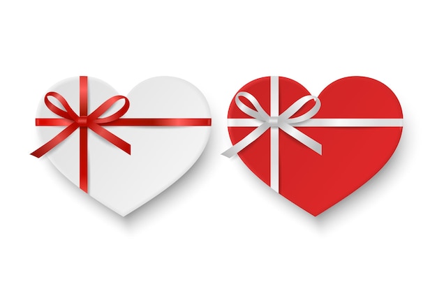 Vector 3d Realista Papel Blanco Rojo Caja de regalo de San Valentín en forma de un conjunto de iconos de arco de corazón Plantilla de diseño de concepto de amor de día de San Valentín aislado de embalaje actual para el día de San Valentín Vista superior