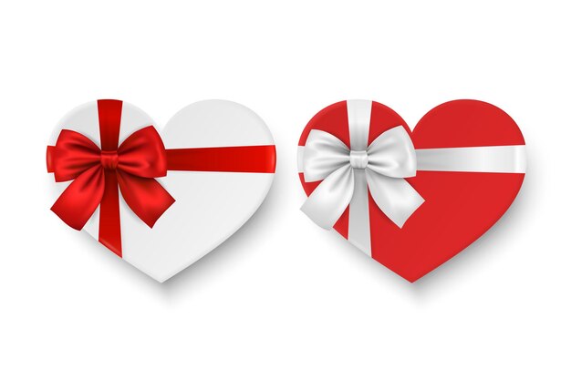 Vector 3d Realista Papel Blanco Rojo Caja de regalo de San Valentín en forma de un conjunto de iconos de arco de corazón Plantilla de diseño de concepto de amor de día de San Valentín aislado de embalaje actual para el día de San Valentín Vista superior