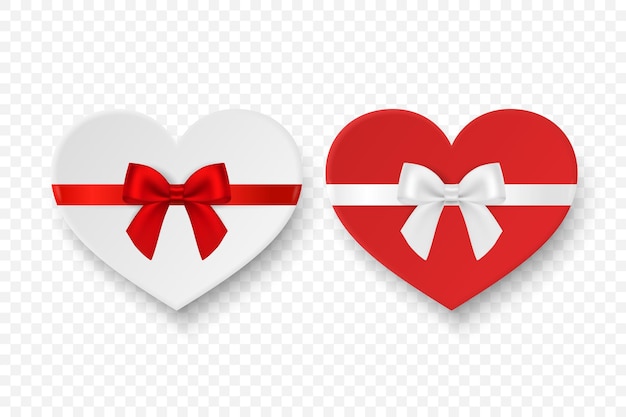 Vector 3d Realista Papel Blanco Rojo Caja de regalo de San Valentín en forma de un conjunto de iconos de arco de corazón Plantilla de diseño de concepto de amor de día de San Valentín aislado de embalaje actual para el día de San Valentín Vista superior