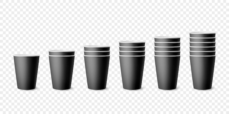 Vector vector 3d realista papel negro brillante juego de vasos desechables pila de vasos para bebidas bebidas aisladas café soda té cóctel batido plantilla de diseño de embalaje para mockup vista frontal