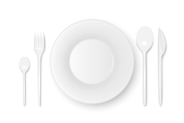 Vector vector 3d realista papel plástico blanco comida desechable plato cubiertos plato cuchara tenedor khife conjunto de iconos vista superior aislada plantilla de diseño maqueta para gráficos impresión de identidad de marca