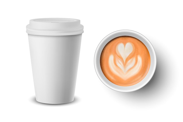 Vector 3d Realista Papel Plástico Blanco Desechable Taza de café Tapa Leche Café Flor Corazón Patrón Conjunto Aislado Capuccino Latte Vector Ilustración Plantilla de diseño Mockup Vista frontal superior