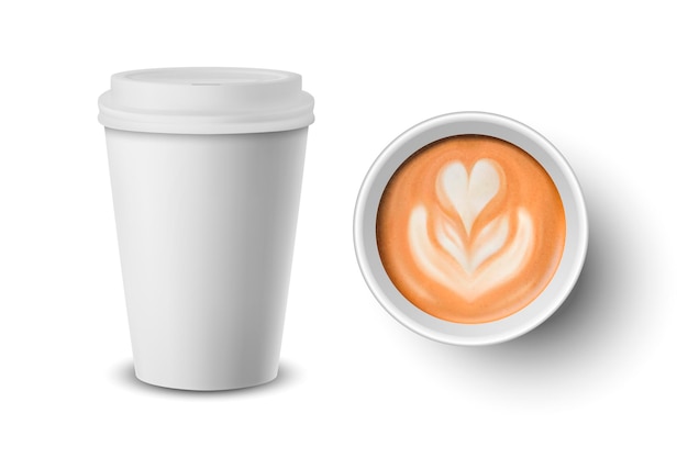 Vector 3d realista papel plástico blanco desechable taza de café tapa leche café flor corazón patrón conjunto aislado capuccino latte vector ilustración plantilla de diseño mockup vista frontal superior