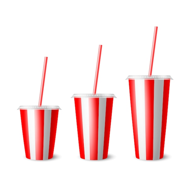 Vector 3d Realista Papel rayado rojo Vaso desechable Conjunto Tapa Paja Bebidas Bebidas Café Soda Té Cóctel Batido Plantilla de diseño de empaque para maqueta Vista frontal aislada