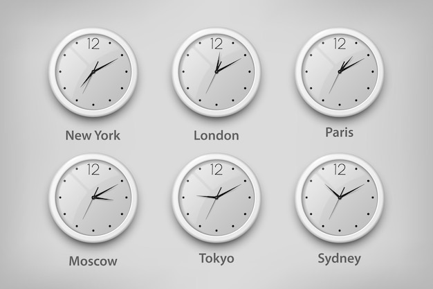 Vector 3d realista pared blanca reloj de oficina conjunto zonas horarias de diferentes ciudades plantilla de diseño de esfera blanca de reloj de pared zonas horarias maqueta de primer plano para publicidad de marca vista frontal superior