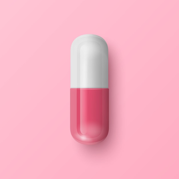 Vector 3d realista píldora médica farmacéutica rosada y blanca en el fondo rosado