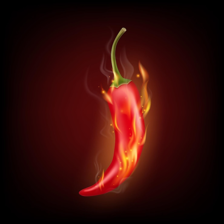 Vector vector 3d realista pimienta pimienta roja caliente primer plano en una llama ardiente pimienta con llama de fuego primer plano en un fondo negro template de diseño de pimienta pimienta picante vista delantera