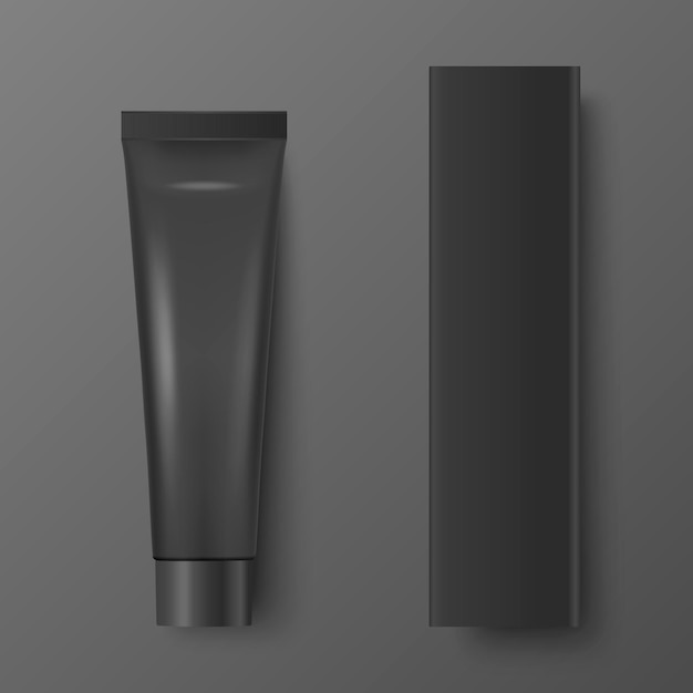 Vector 3d realista plástico metal negro pasta de dientes tubo de crema embalaje de cartón aislado sobre fondo negro plantilla de diseño de pasta de dientes cosméticos crema pasta de dientes para mockup vista superior