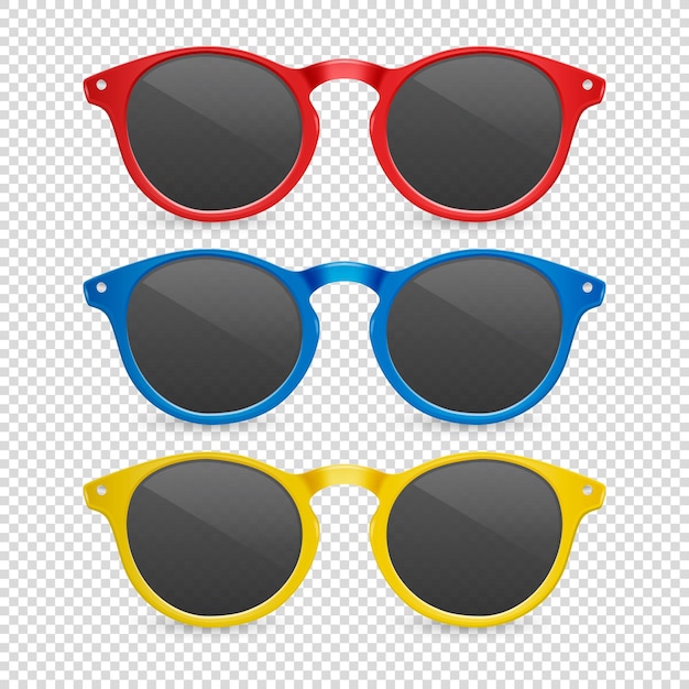 Vector 3d realista plástico rojo azul y amarillo ojo con montura gafas de sol primer plano aislado sobre fondo transparente mujeres hombres unisex accesorio óptica salud concepto plantilla de diseño mockup