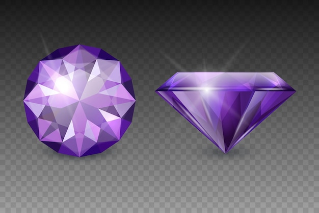 Vector 3d realista púrpura transparente piedra preciosa diamante cristal pedrería icono conjunto primer plano aislado jewerly concepto diseño plantilla imágenes prediseñadas vista superior y lateral