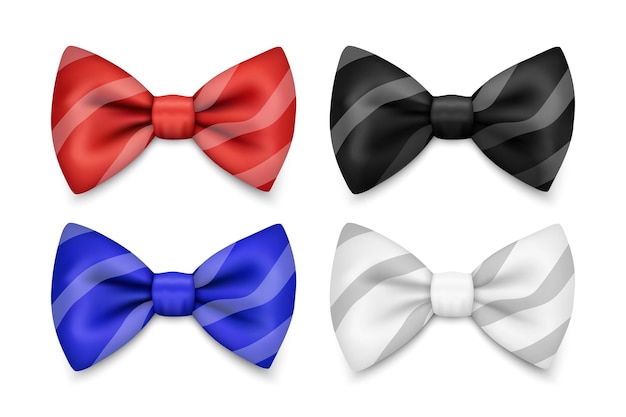 Vector 3d Realista Rayas Rojo Azul Blanco Negro Pajarita Conjunto de iconos Primer plano Aislado Seda Brillante Pajarita Corbata Caballero Mockup Plantilla de diseño Pajarita para hombre Moda para hombre Día del padre Vacaciones