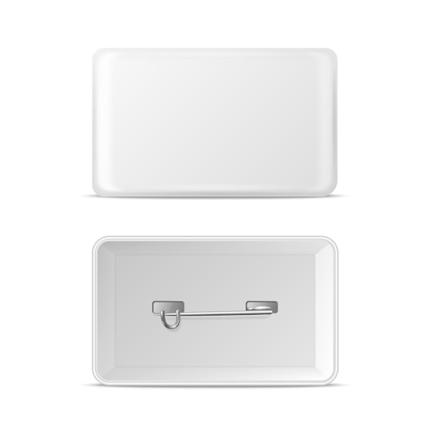 Vector 3d Realista Rectangular Blanco Metal Plástico En Blanco Botón Vacío Icono De Insignia Botón Aislado Pin Insignia Broche Brillante Vista Frontal Plantilla De Lado Frontal Y Posterior Para Maqueta De Marca