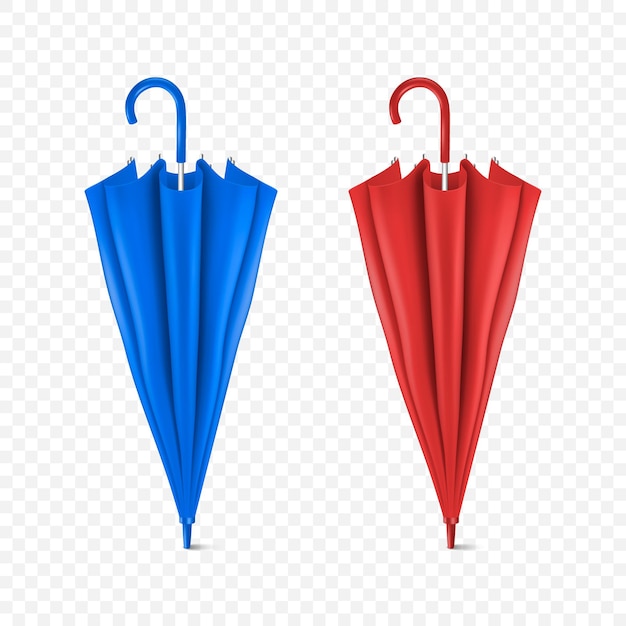 Vector 3d Realista Render Blue and Red Blank Umbrella Icon Set Primer plano aislado sobre fondo transparente Plantilla de diseño de sombrillas cerradas para Mockup Branding Publicidad, etc. Vista frontal