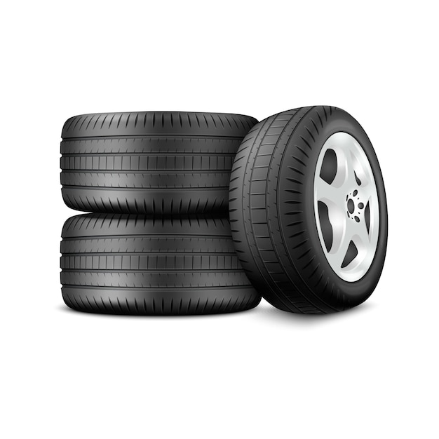 Vector 3d Realista Render Coche Rueda Icono Primer plano aislado sobre fondo blanco Plantilla de diseño de neumáticos nuevos con llantas de aleación Vista frontal y lateral