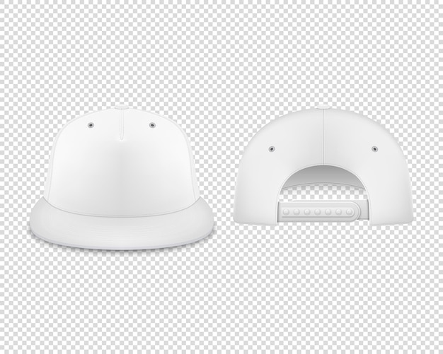 Vector vector 3d realista render white blank baseball snapback cap icon set primer plano aislado sobre fondo blanco plantilla de diseño para mockup branding publicidad vista frontal y posterior