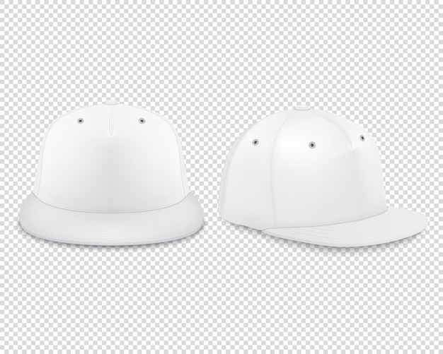 Vector vector 3d realista render white blank baseball snapback cap icon set primer plano aislado sobre fondo transparente plantilla de diseño para mockup branding publicidad vista frontal y lateral