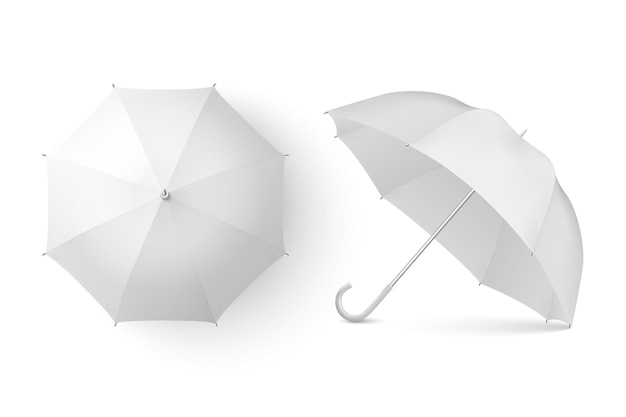 Vector 3d Realista Render White Blank Umbrella Icon Set Primer plano aislado sobre fondo blanco Plantilla de diseño de sombrillas abiertas para Mockup Branding Publicidad, etc. Vista superior y frontal