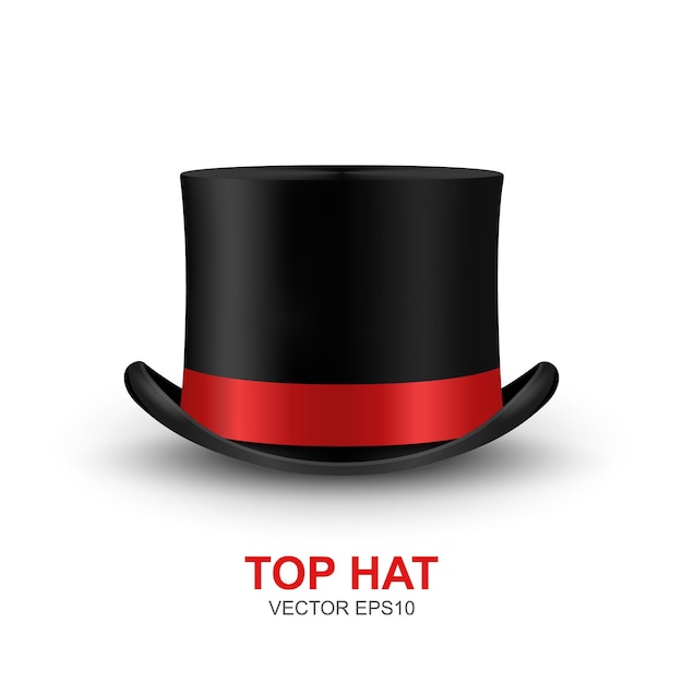 Vector 3d Realista Retro Vintage Black Top Hat con icono de cinta roja Primer plano aislado sobre fondo blanco Plantilla de diseño de Top Hat Mockup Gentlemans Hat Icon Top Hat en vista frontal