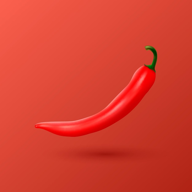 Vector 3d Realista Rojo entero volando fresco y pimienta caliente de primer plano aislado en fondo rojo Pimienta picante de primer plano Diseño plantilla Ilustración vectorial de vista delantera
