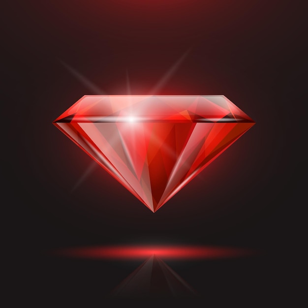 Vector 3d realista rojo transparente triángulo brillante piedra preciosa diamante cristal rhinestone primer plano sobre fondo negro joyería concepto diseño plantilla banner