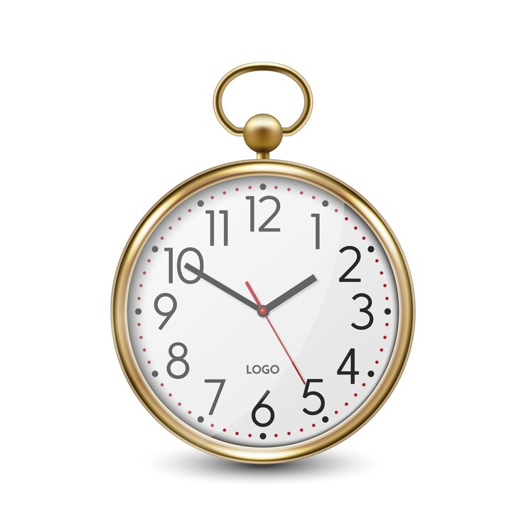 Vector vector 3d realista simple redondo metal amarillo oro reloj de pared de oficina con dial blanco icono de primer plano aislado en fondo blanco plantilla de diseño maqueta para la marca anunciar vista delantera
