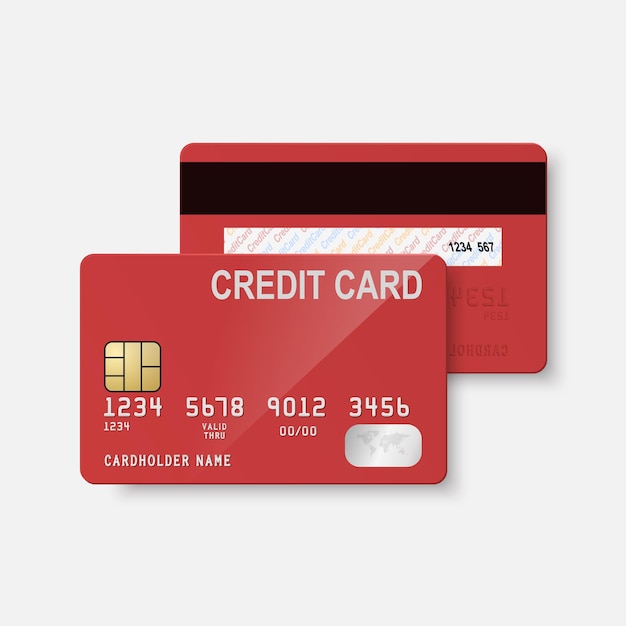 Vector 3d Realista Tarjeta de crédito roja Plantilla de diseño aislado de plástico Tarjeta de crédito o débito para Mockup Branding Concepto de pago con tarjeta de crédito Vista frontal trasera