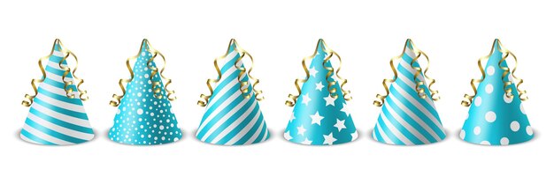 Vector 3d Realistic Blue and White Birthday Party Hat Icon Set Isolate on White Background Party Cap Design Template for Party Banner Greeting Card Holiday Hats Cone Shape Front View (Sistema de iconos de sombreros de cumpleaños en azul y blanco realistas aislados en fondo blanco)